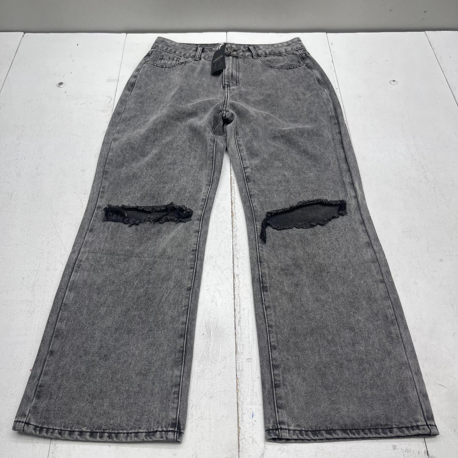 NVFelix Wide Leg Jeans Womens XL Gray Charcoal Wash High Rise Distressed Denim