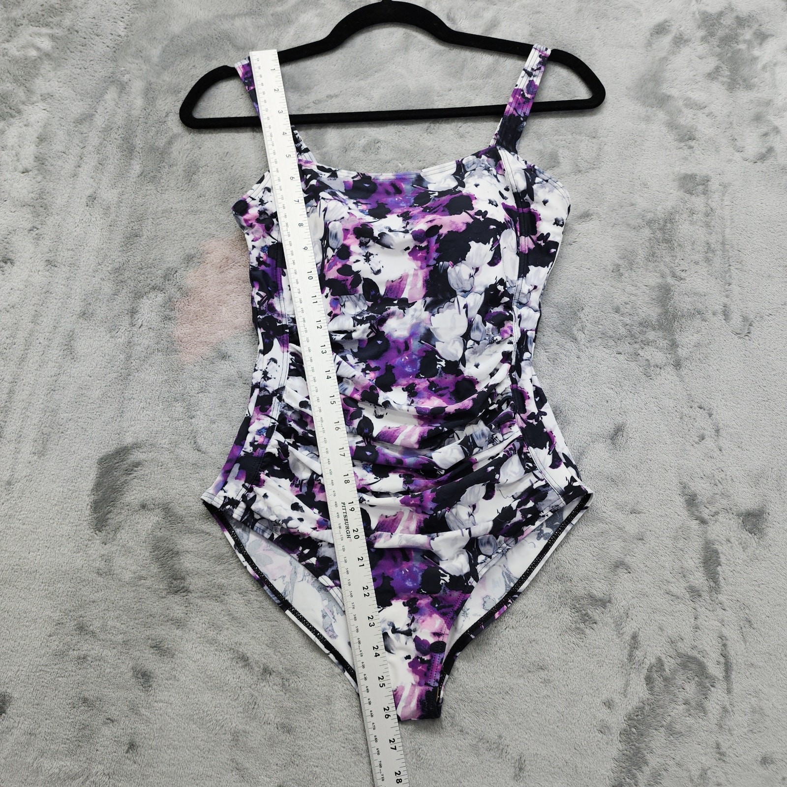 NEW Jusfitsu Swimsuit Size 6 Purple Black Floral Ruched Tummy Control High Cut