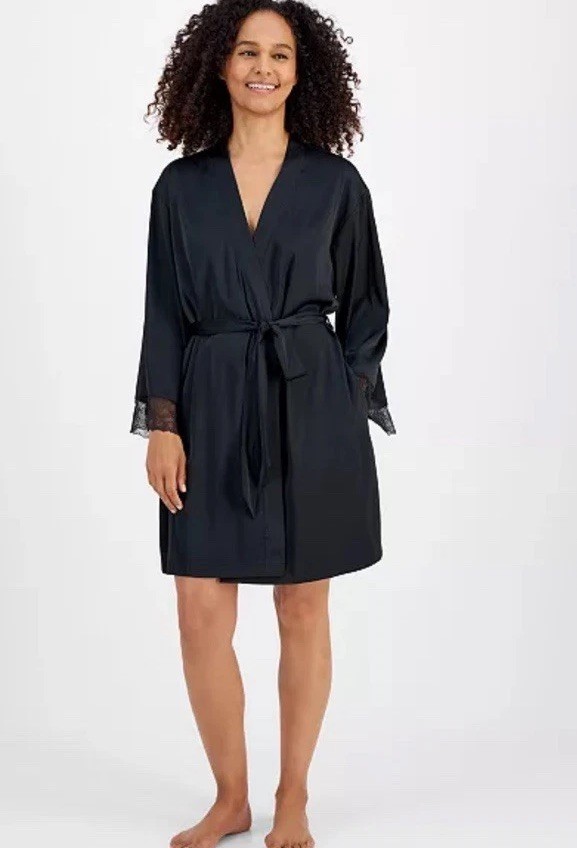 I.N.C. International Concepts Women’s Satin Lace Kimono Robe Tie Belt Black XXL