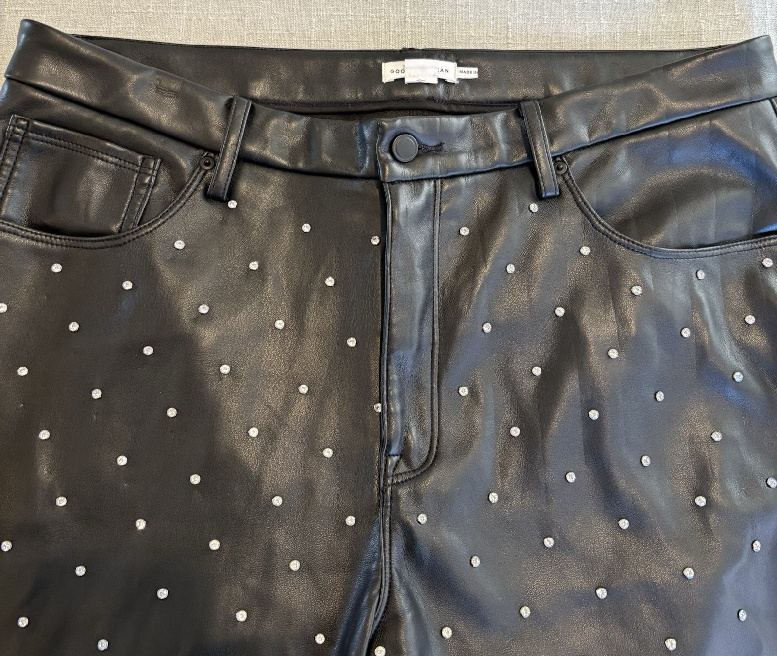Good American Faux Leather Pants Sz 16 Crystal Embellished Icon Stud Black Glam
