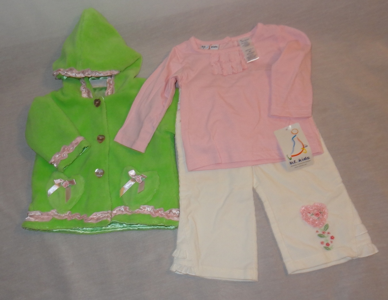 Baby Girl Coat Shirt Pants Set Outfit Size 6-9 Months B.T. Kids Green Pink