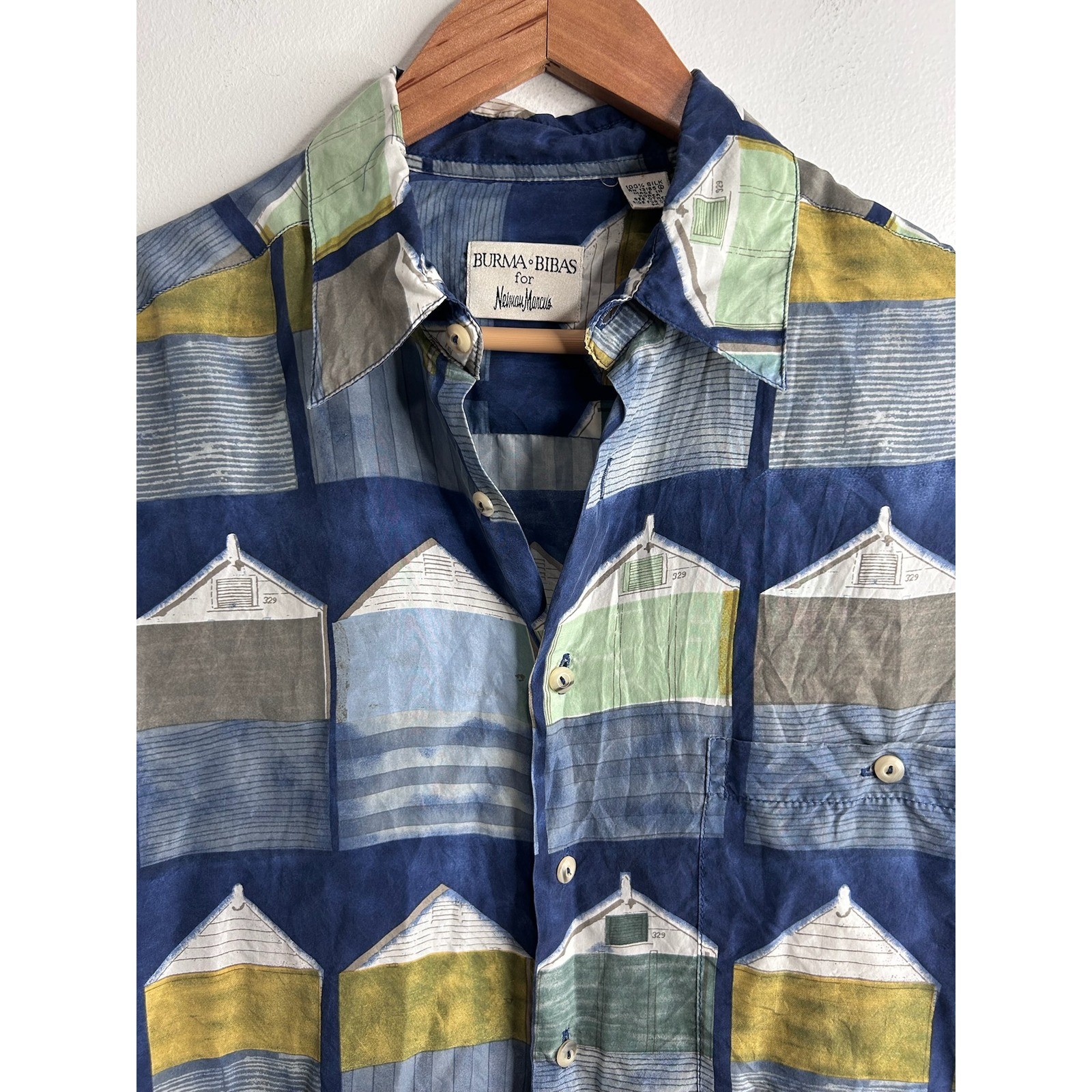 Burma Bibas Neiman Marcus Mens Medium Silk Beach Hut Novelty Hawaiian Shirt Blue