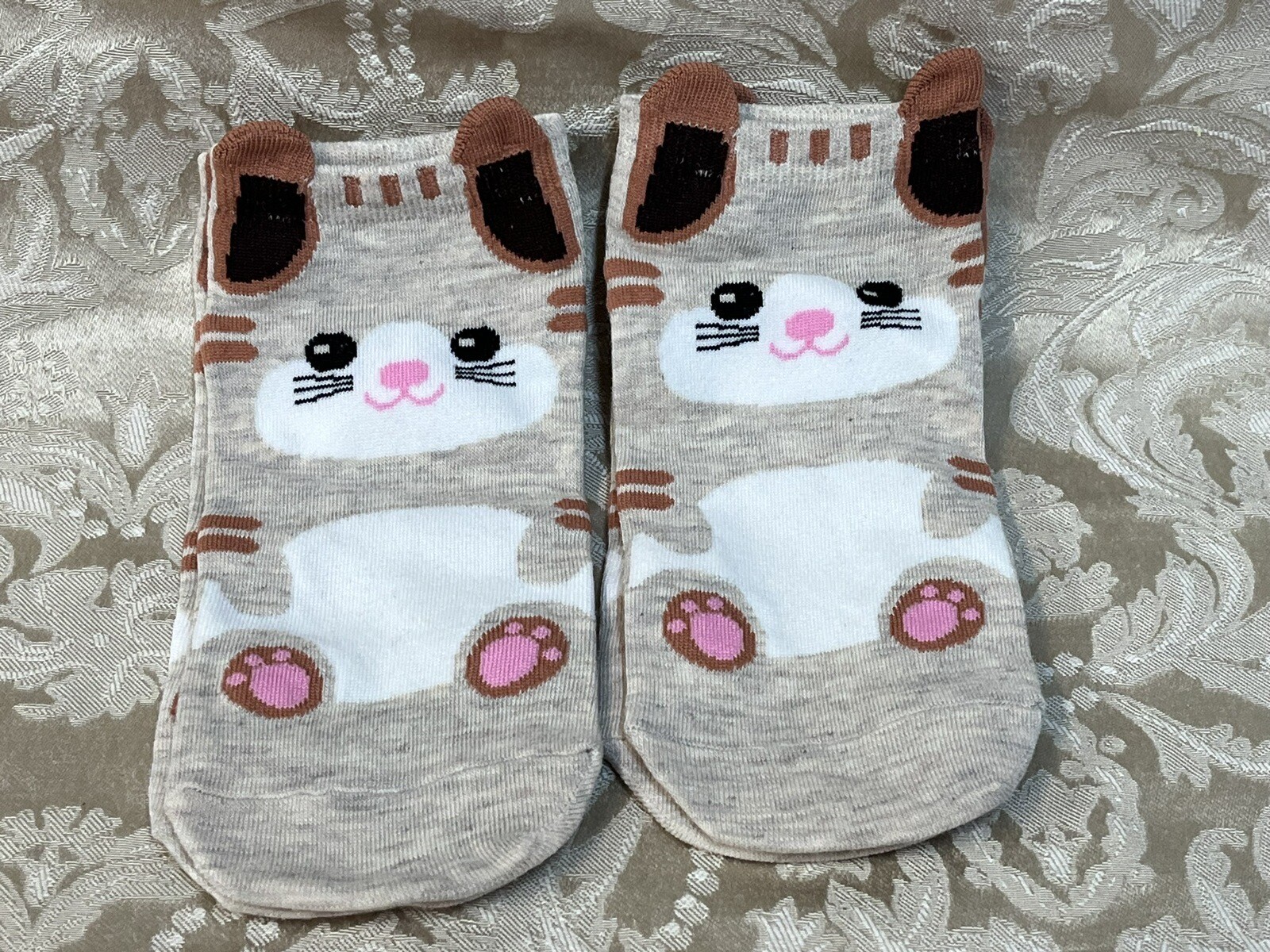 Women’s Cute Cartoon Kitty Cat W/ Ears Pattern Ankle Socks Fashion Sock Set Of 2