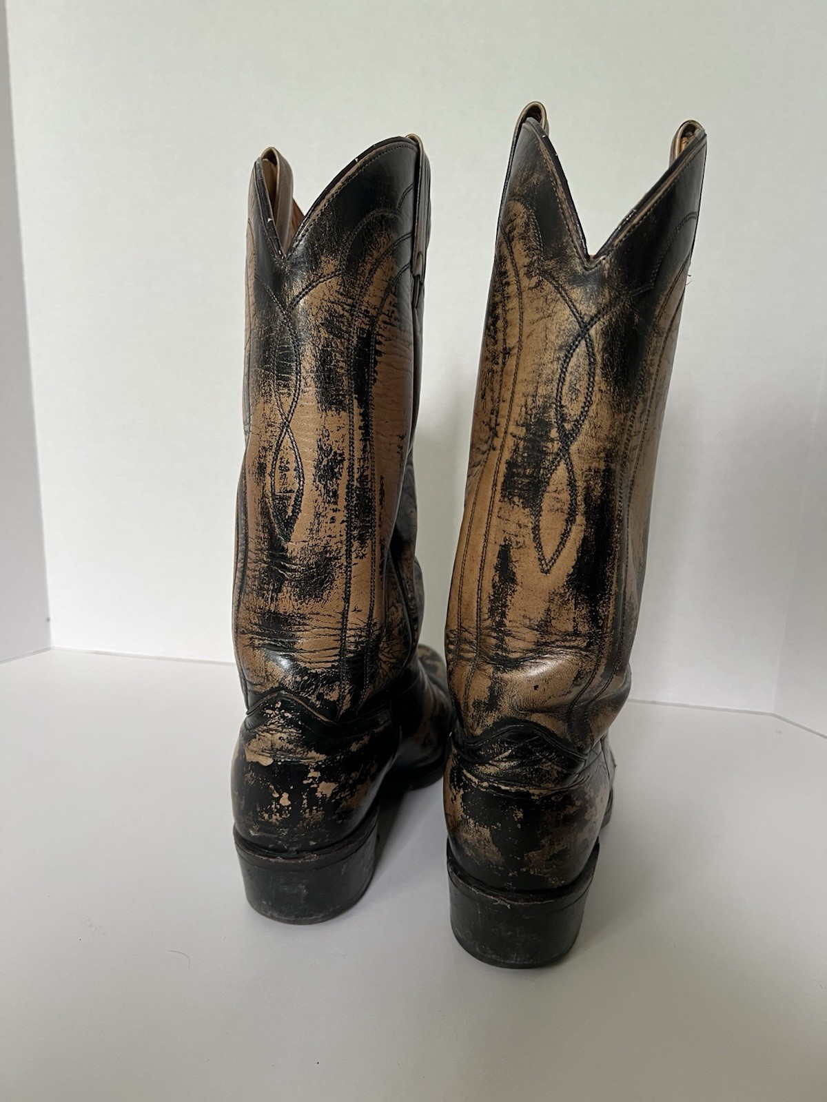 J Chisholm Distressed Tan Black Western Leather Cowboy Boots USA Mens 9D