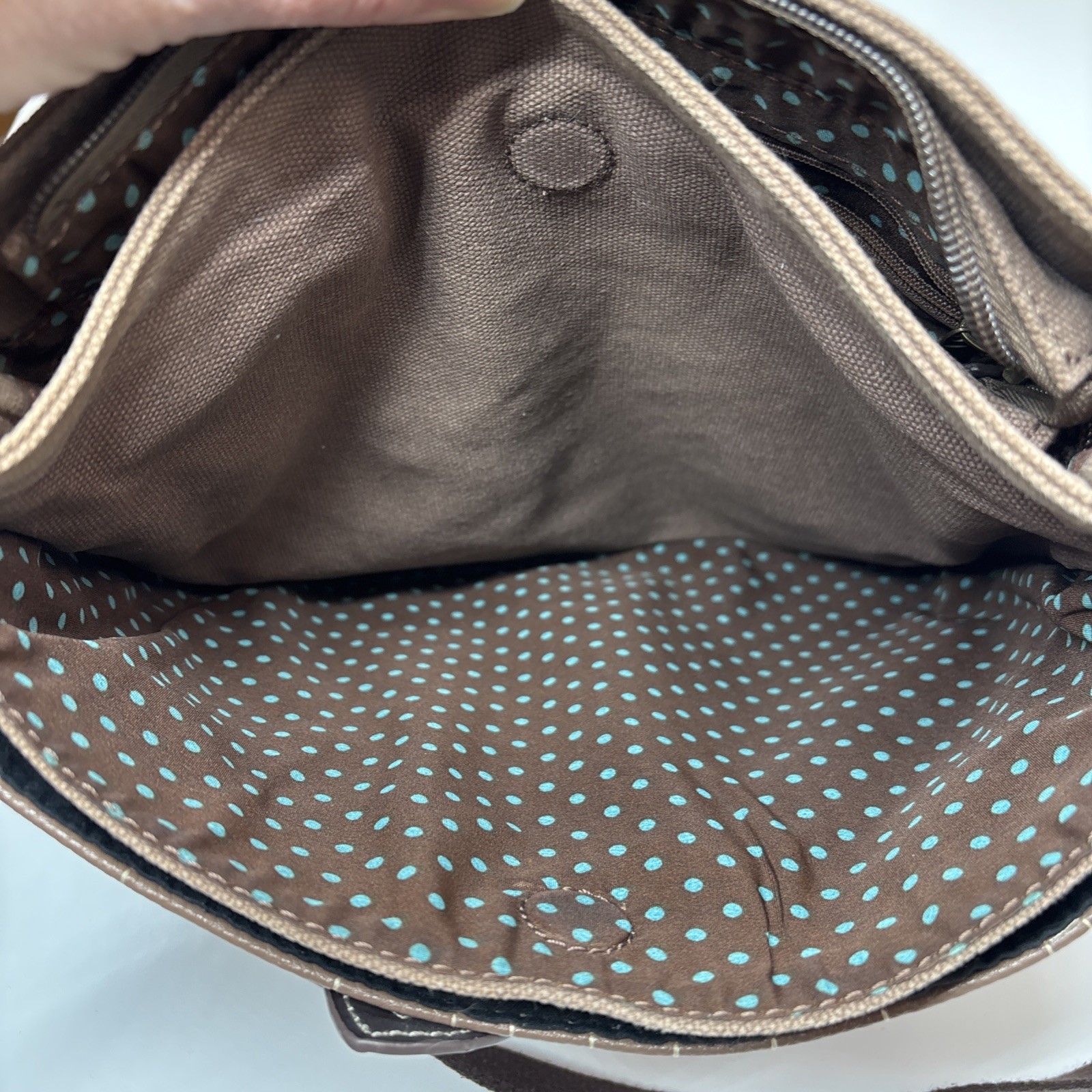 Chala Fox Deluxe Messenger Bag Brown Crossbody faux leather & canvas, Pockets!