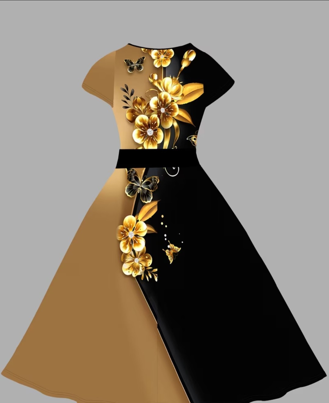 Black Brown Yellow Floral Belted Short Sleeve Round Neck Long A-Line Dress Women