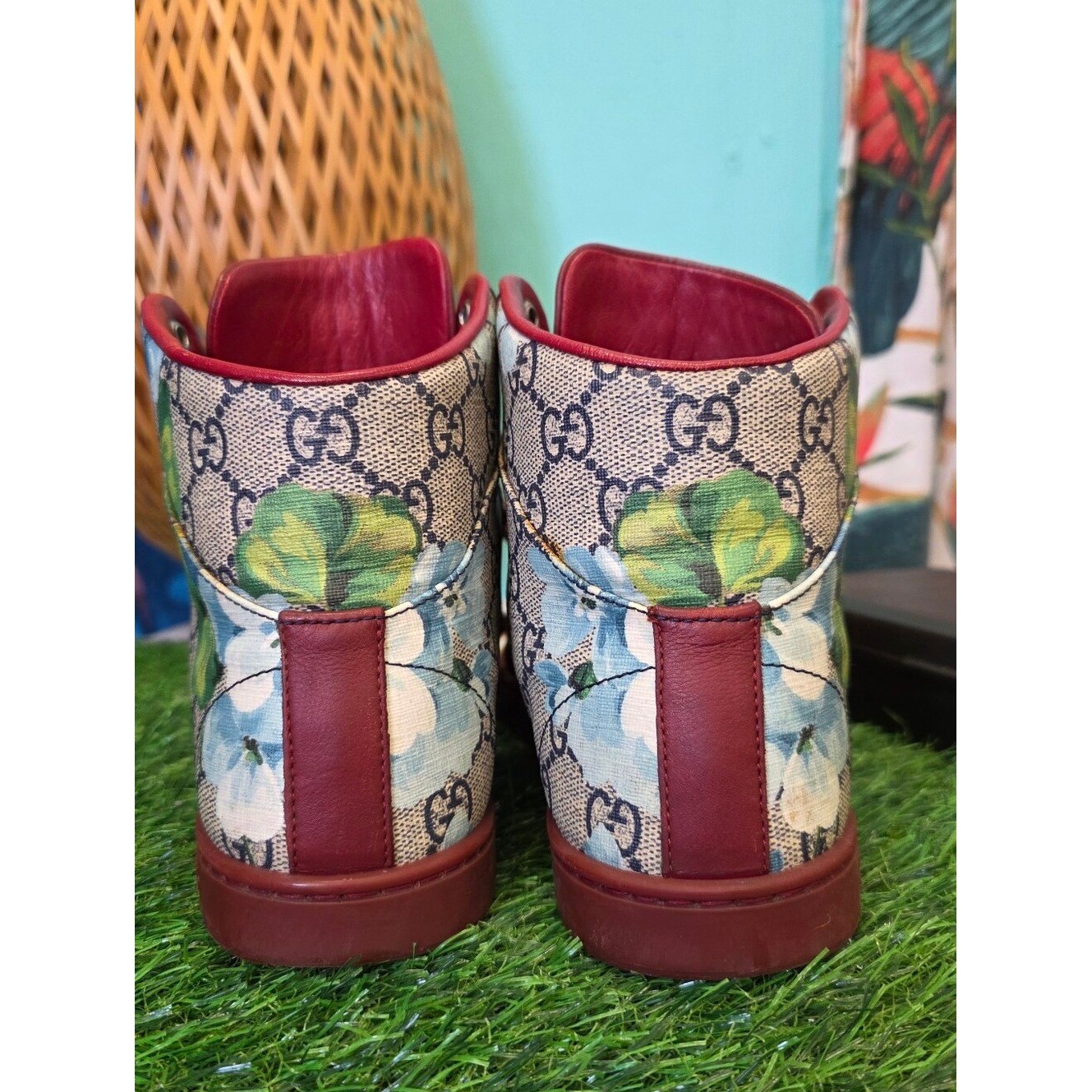 Gucci GG Blooms Floral High Top Sneakers Red Leather Canvas Shoes Size 37