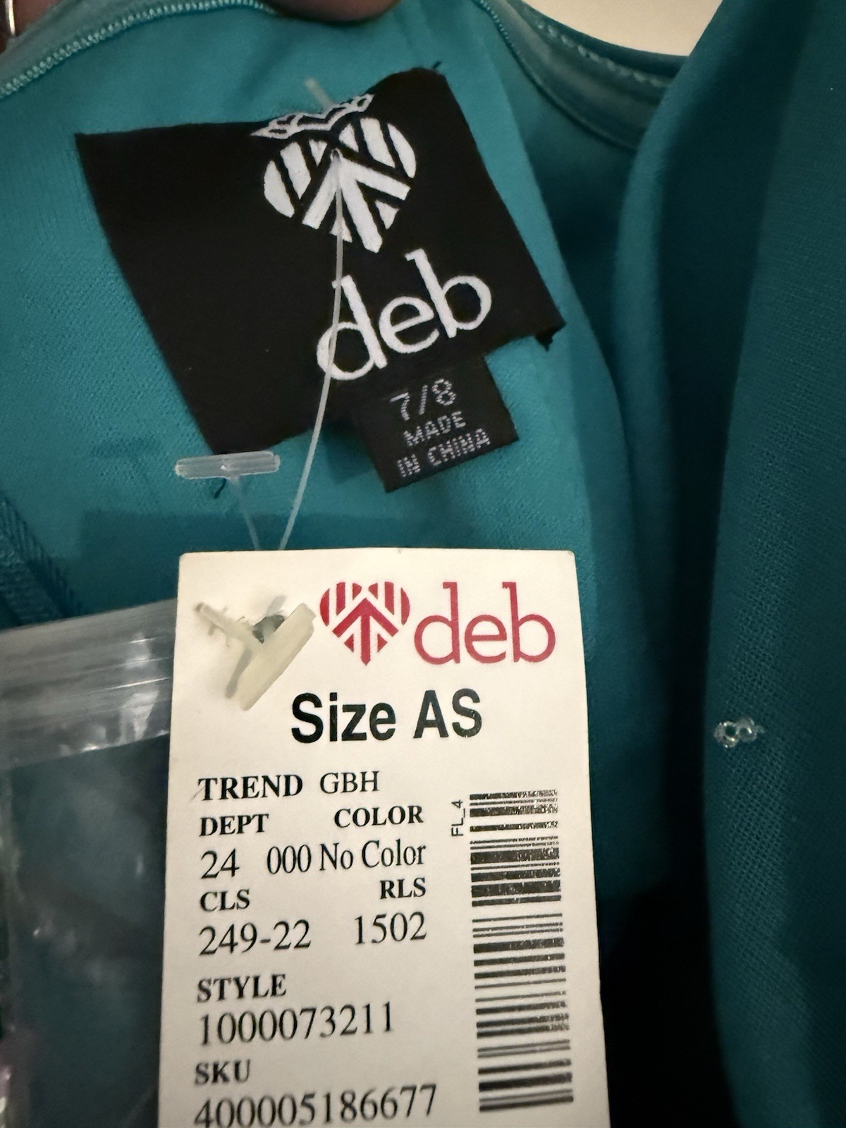 deb Women’s Teal Beaded Sequin Rhinestone V-Neck Long Gown Straps 7/8