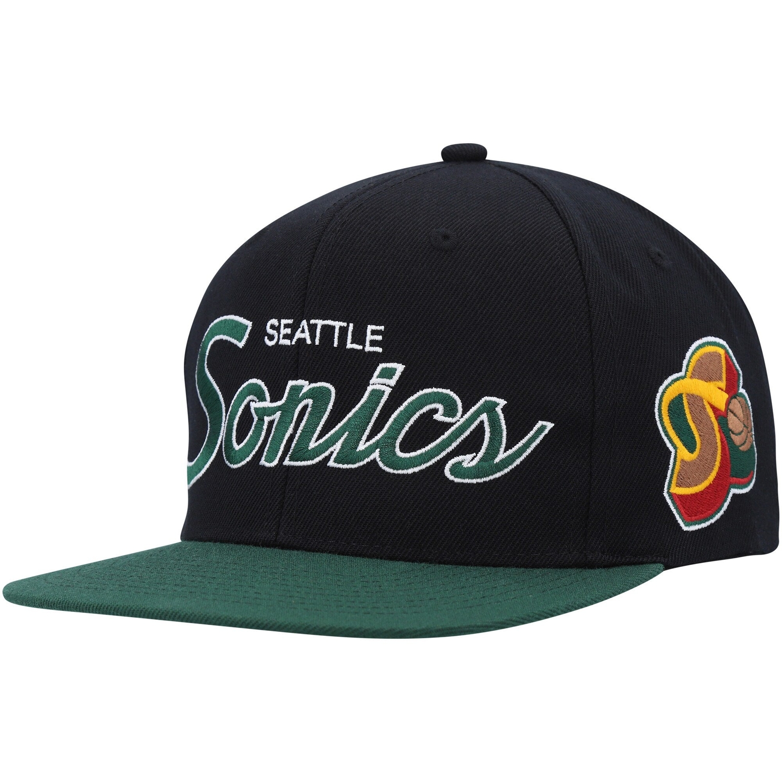 MENS MITCHELL & NESS NBA TEAM SCRIPT 2.0 SNAPBACK HWC SUPERSONICS – BLACK