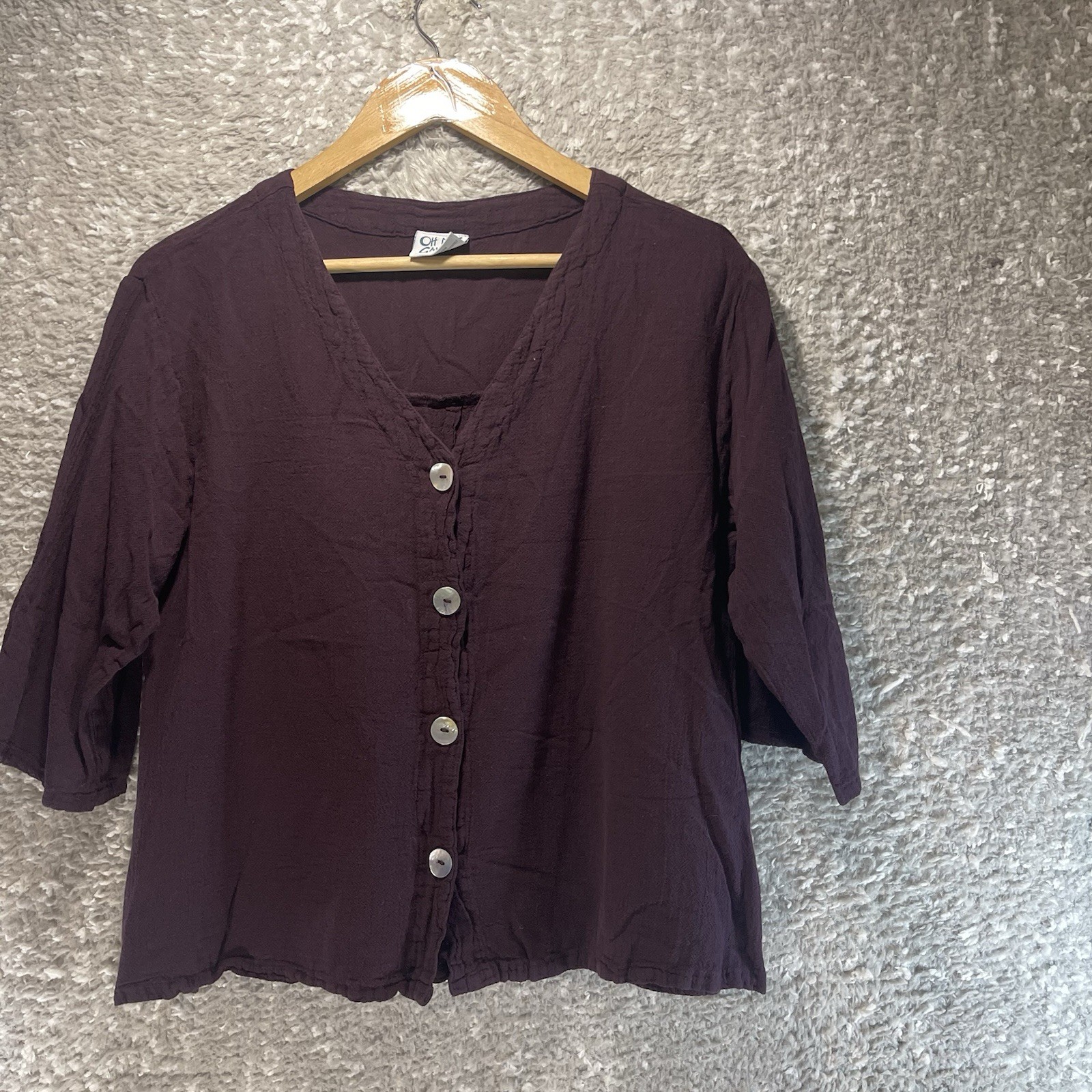 Oh My Gauze Button Front Crinkle Top Purple Brown Cotton 1, M Boho Boxy Coastal
