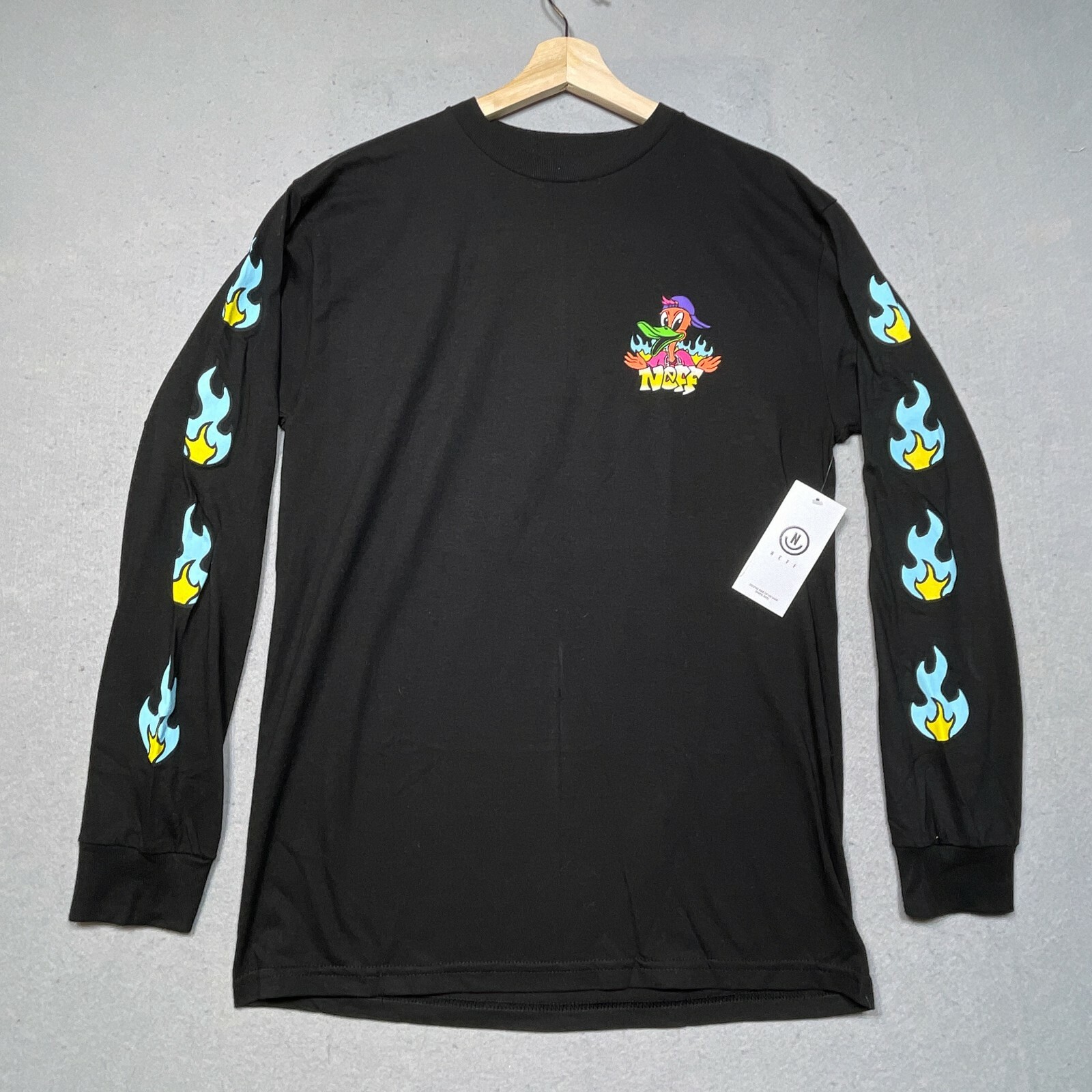 Neff Long Sleeve Shirt Men Medium Graphic Flame Black Skate Streetwear Y2K NWT
