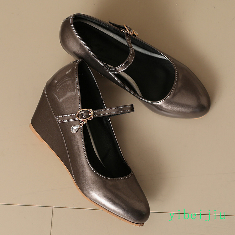 Women’s Mid Wedge Heels Mary Jane Shiny Leather Dress Wedding Shoes Rhinestone