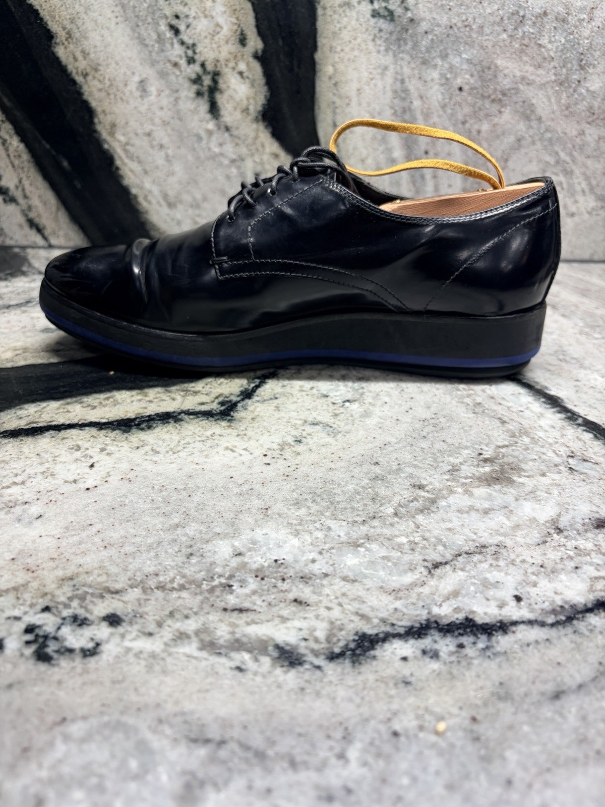 Prada Black Leather Derby Shoes Blue Rubber Sole Women’s EU 37 US 7 Italy