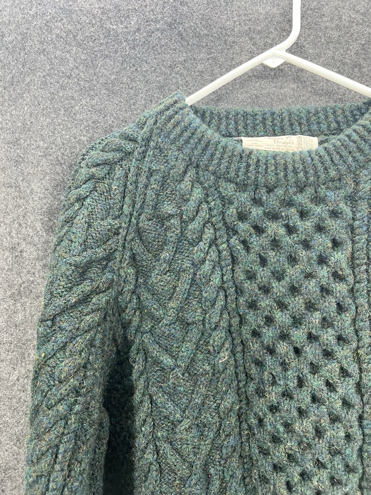Athena Designs Sweater Wool Fisherman Irish Handknit Made In Ireland – Green