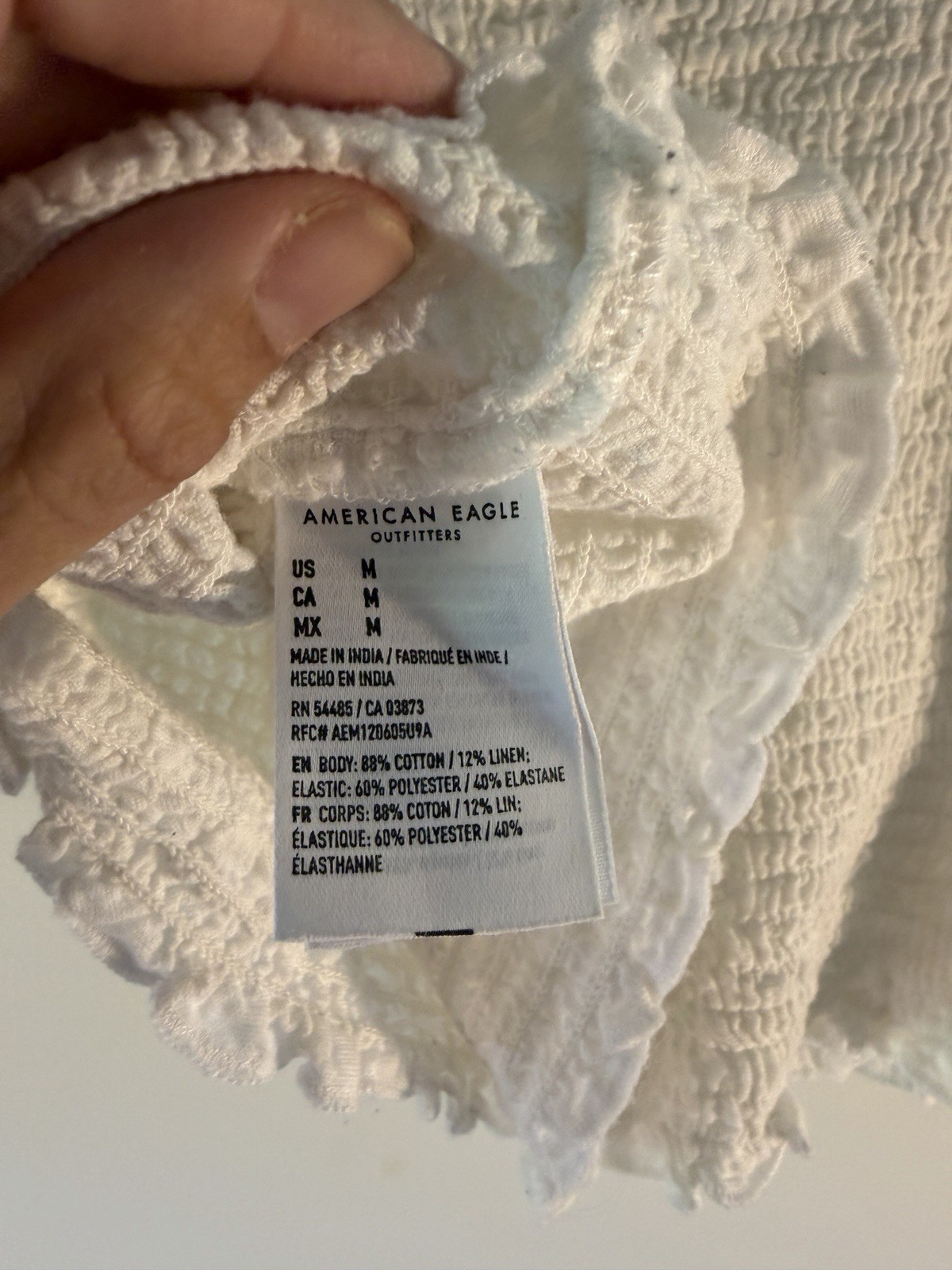 American Eagle Smocked Crop Top Womens M White Puff Sleeve Cotton Linen