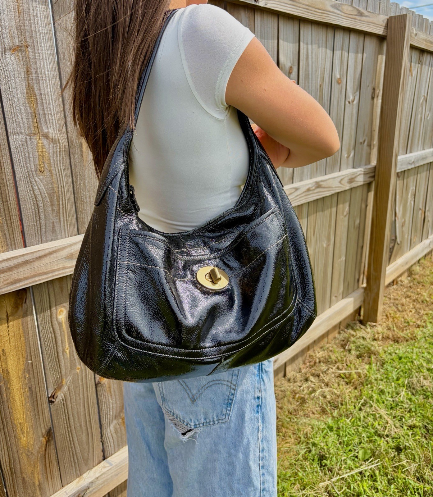 Coach Ergo Patent Leather Hobo Shoulder Bag Black Turnlock 11009 Vintage 2007