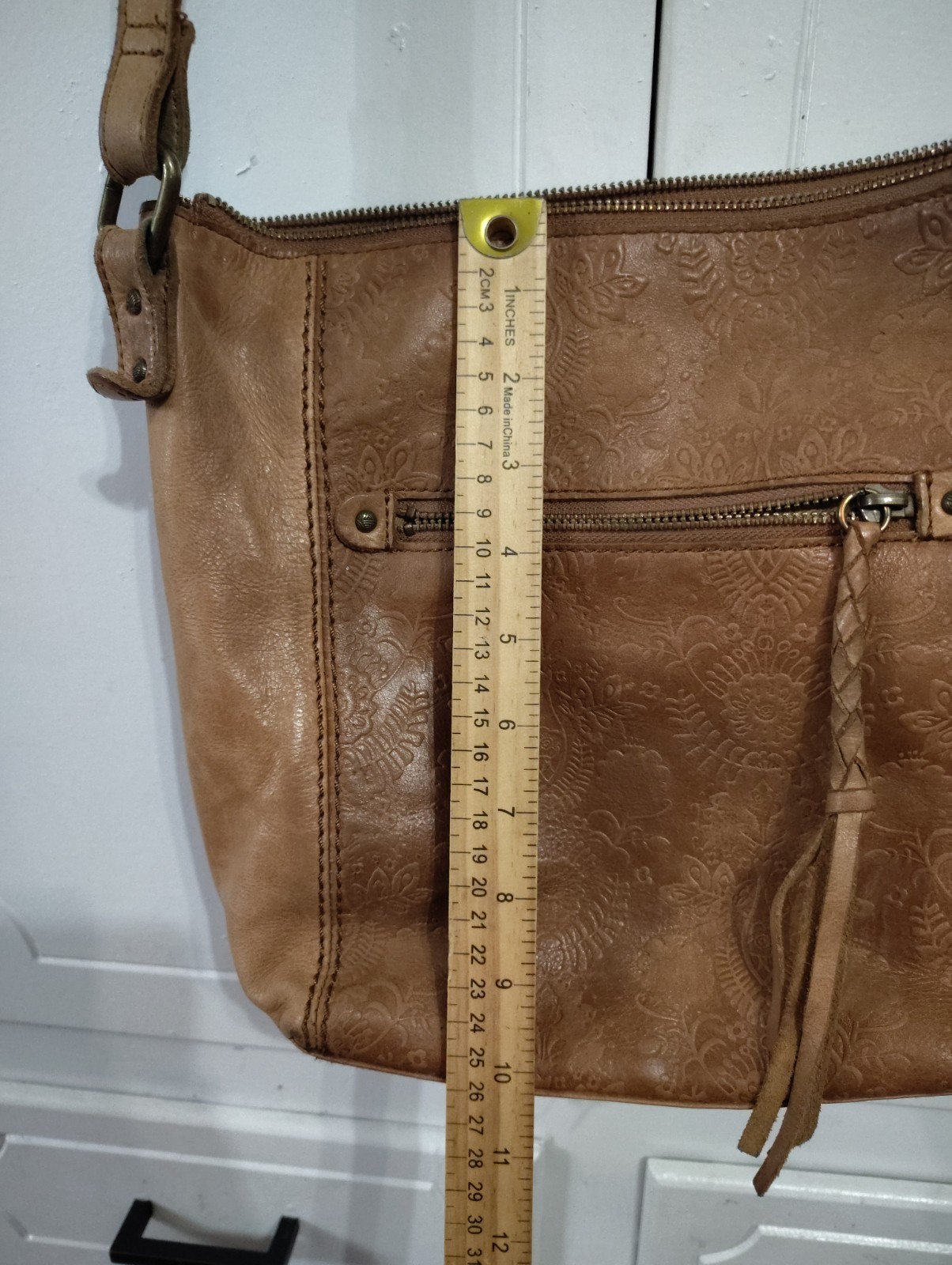The Sak Ashland Embossed Leather Crossbody Bag Tobacco Floral Emboss