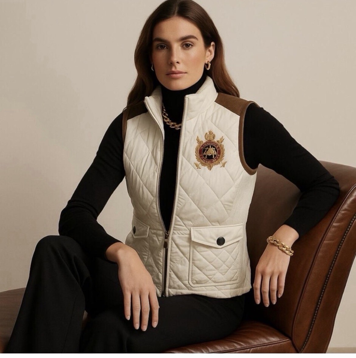 Ralph Lauren Sport Polo Logo Cream and Brown Quilted Vest Equestrian Size Small