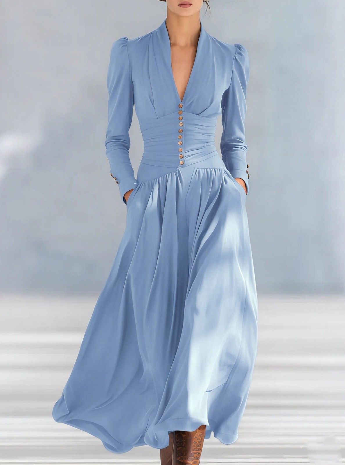 Elegant V-Neck Satin Dress with Puffed Long Sleeves and High Waist Silhouette