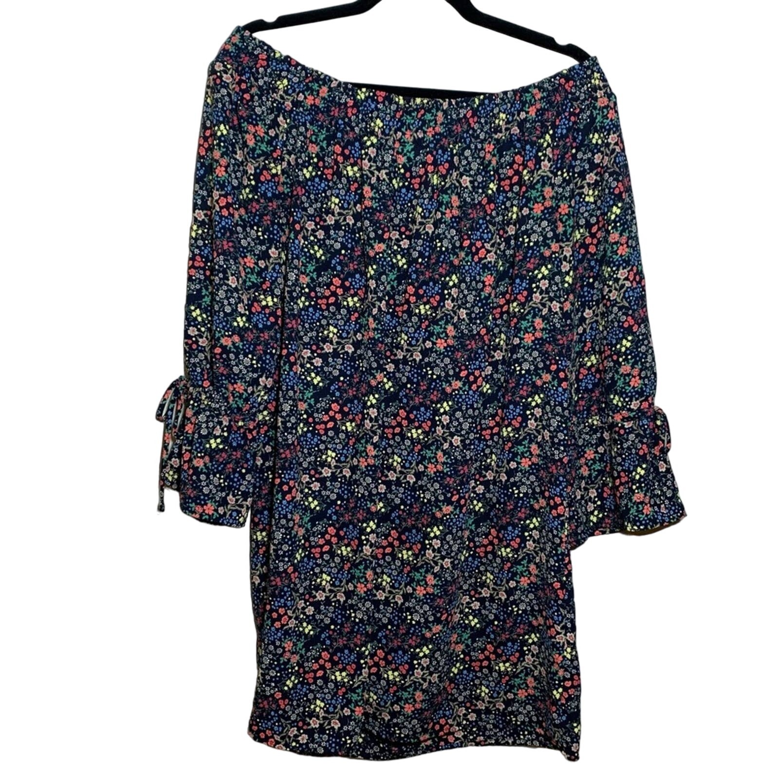 Lucky Brand Ditsy Floral Off The Shoulder Boho Mini Dress Black Multicolor Small