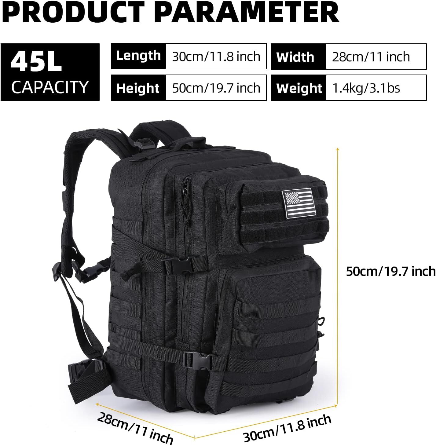 45L Military Tactical Backpack Large Army Men 3 Day Assault Pack Molle Rucksack