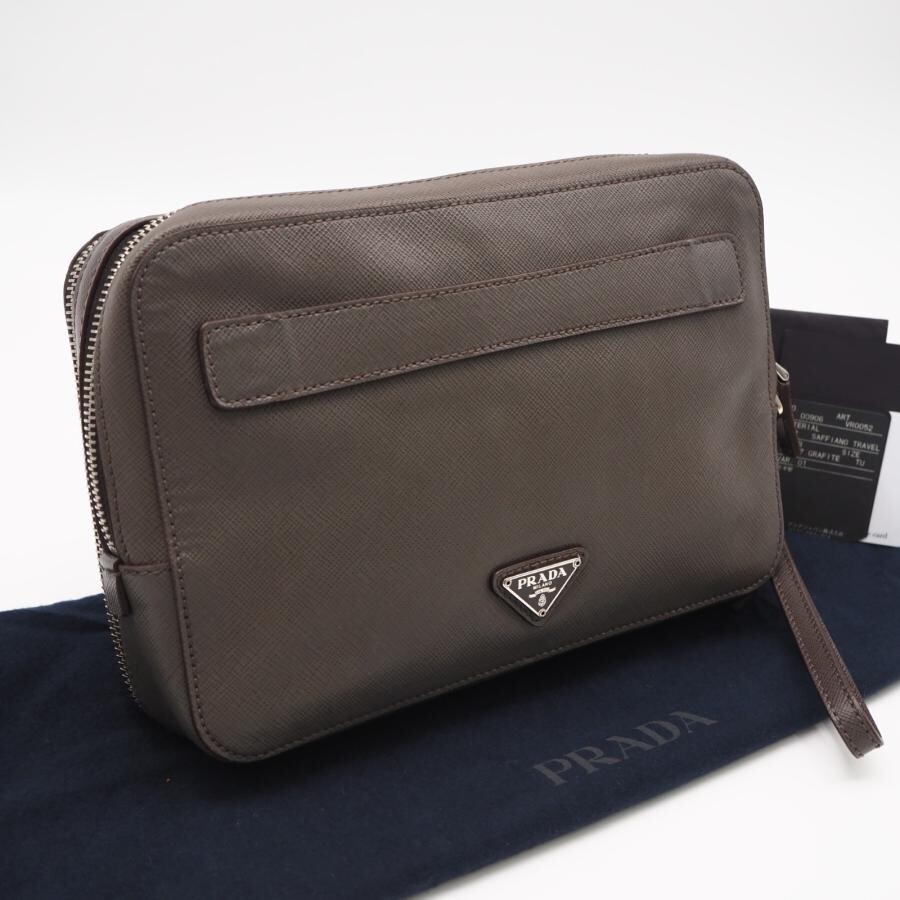 PRADA 2VF052 Clutch Saffiano Leather Greige Mens Zipper Pockets Card Slots