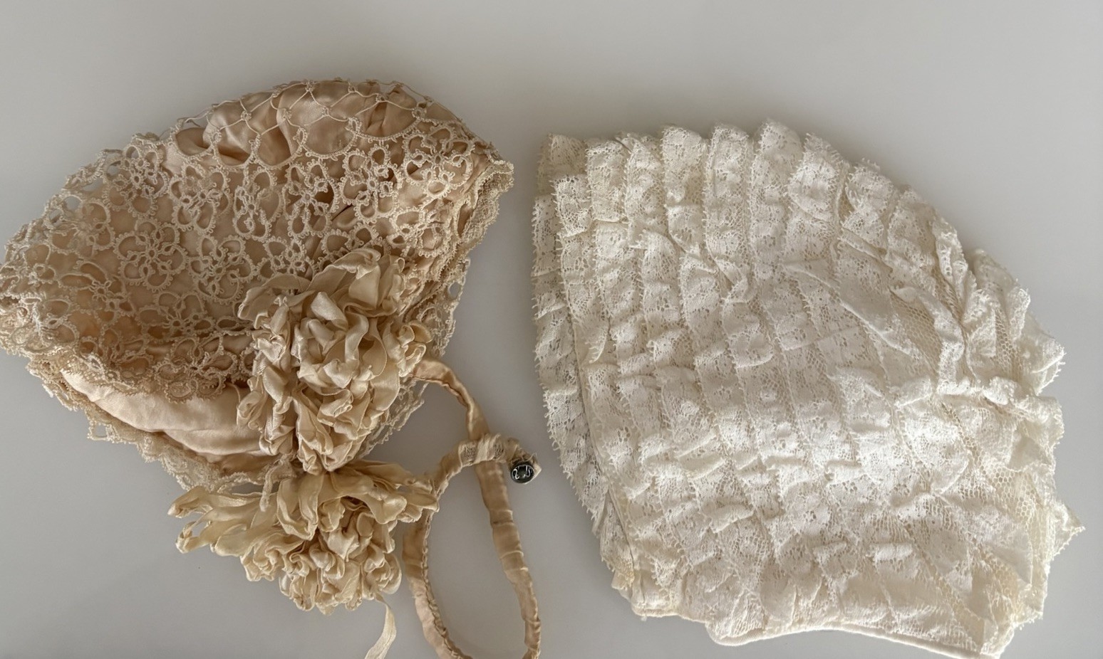 2 Antique Hand Tatted Lace Crocheted Lace Baby Bonnets 1920s W Old Candy Box