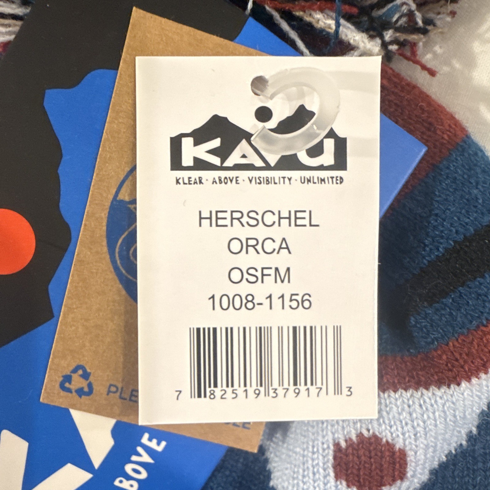KAVU Orca Fair Isle Pom-Pom Beanie Hat Blue Black White Red One Size Men’s