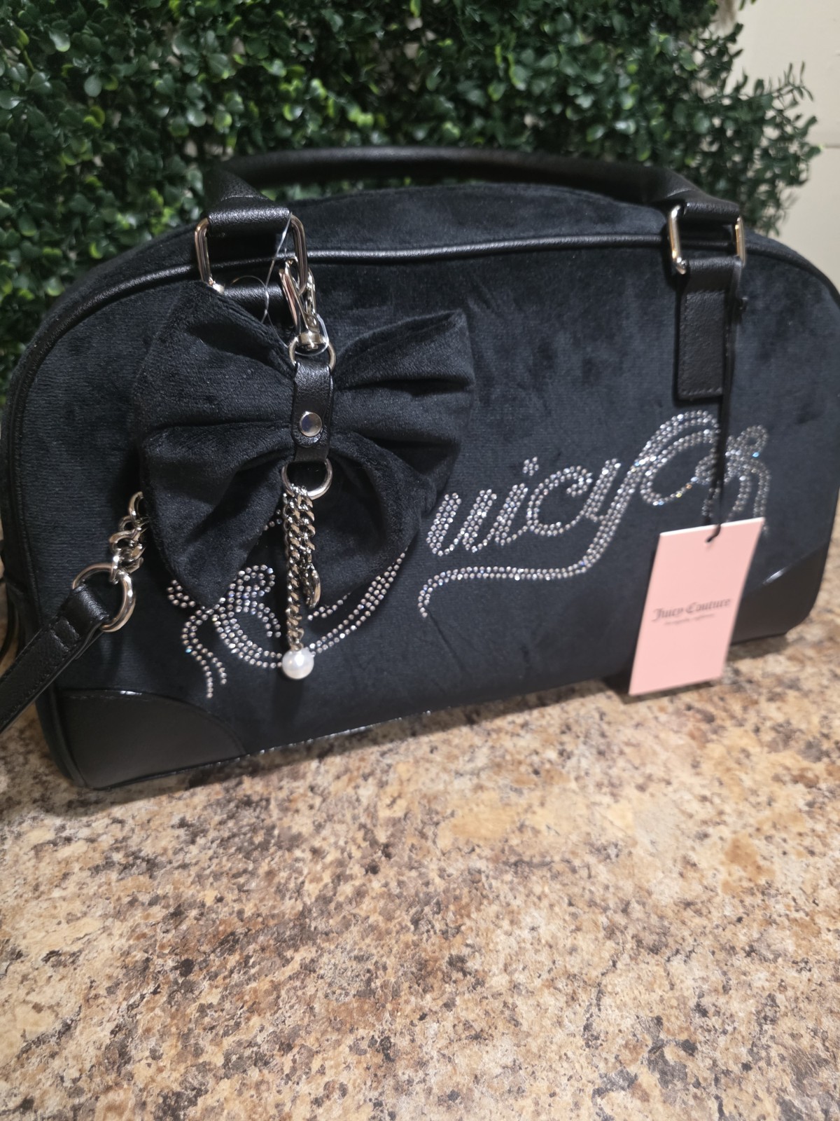 Juicy Couture Black Satchel Bow Charm Chain Strap Logo Accents Zip Closure
