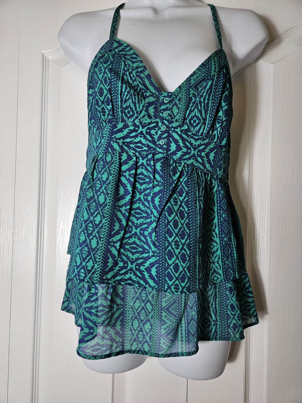 American Eagle Juniors Size XS Teal Green and Blue Boho Summer Top Tierd Ruffle