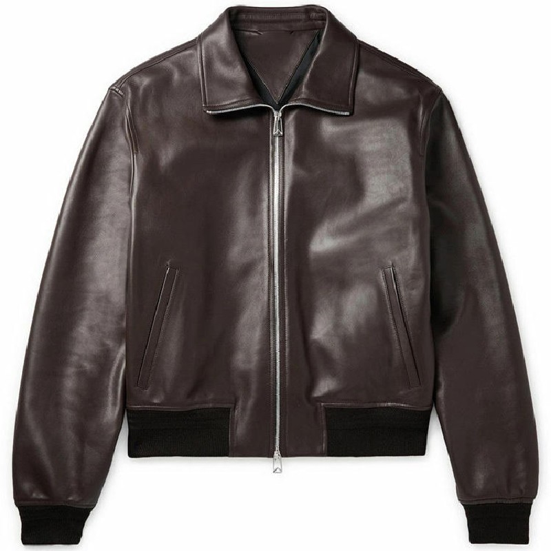 Hot Sale Men’s Brown Leather Jacket Classic Bomber Zip Front Ribbed Waist Jacket