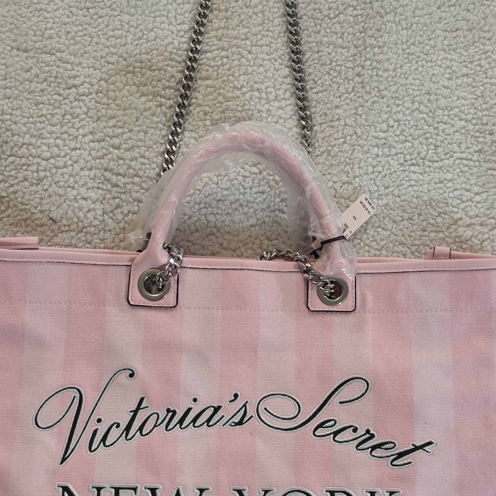 Victoria’s Secret New York Pink Striped Large Tote Bag, Chain Straps, Charm
