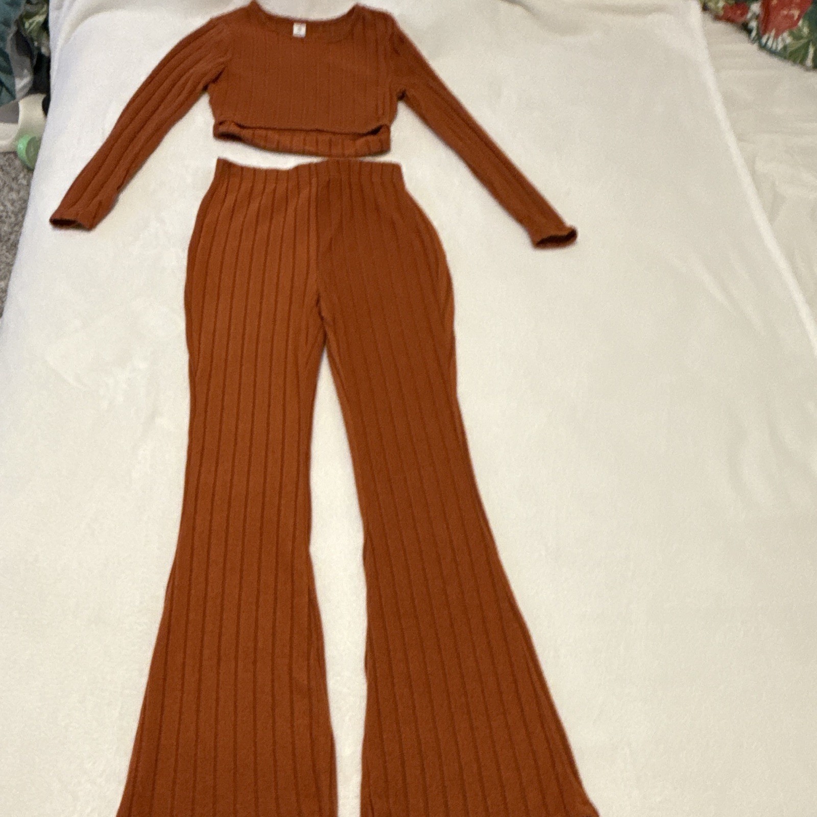 SHEIN Teen 2-Piece Ribbed Knit Set Brown Long Sleeve Top Flared Pants 13Y