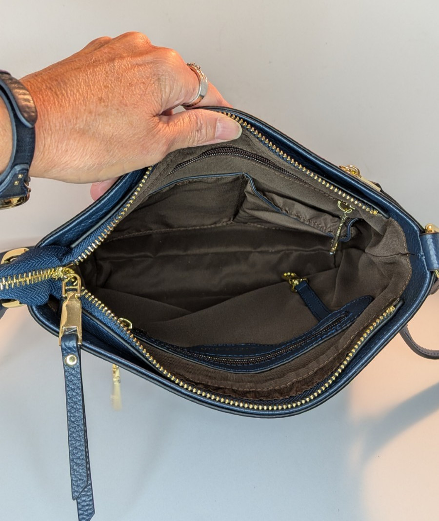 Over Earth Navy Blue Pebbled Leather Crossbody Bag Multi-Pocket Classic Everyday