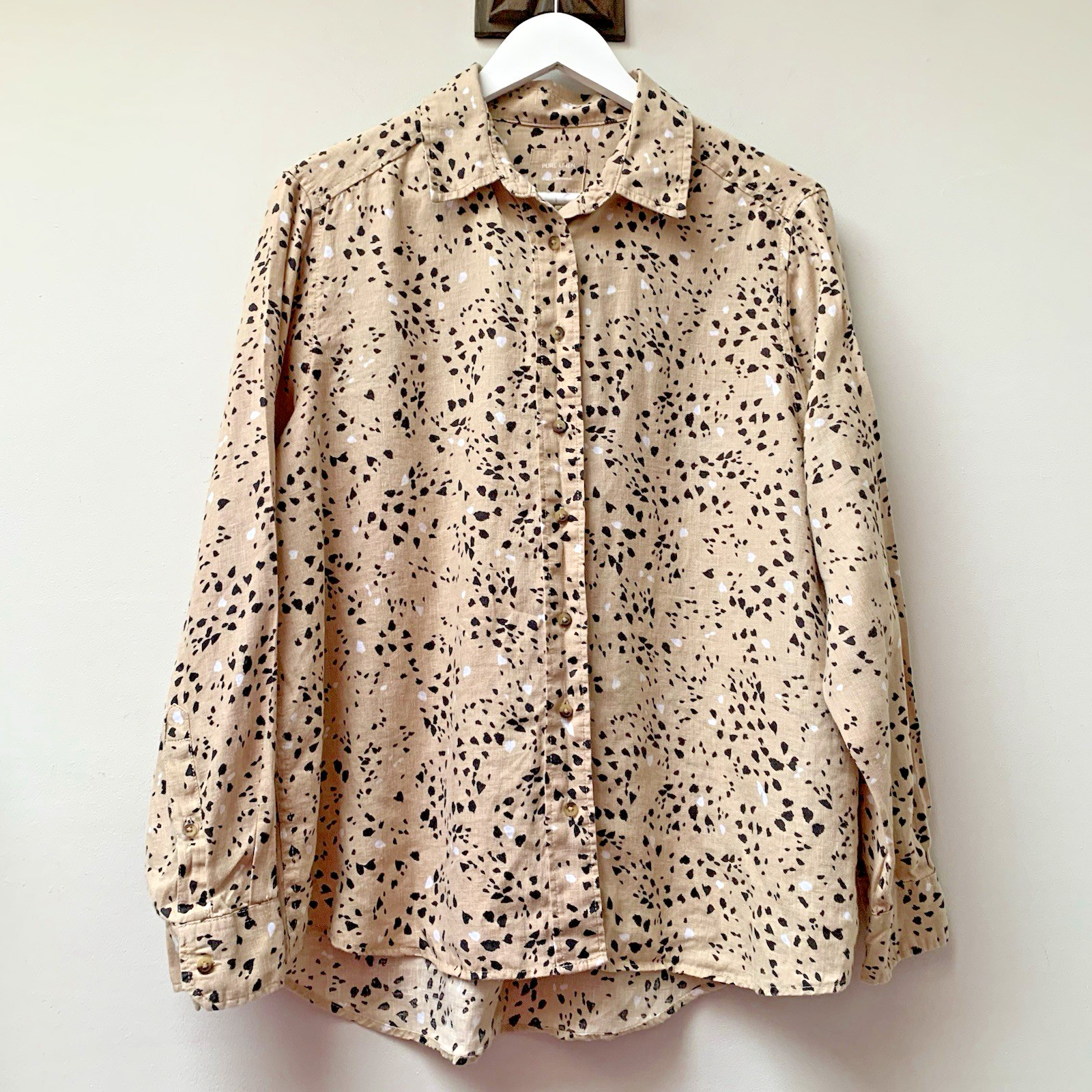 M&S 100% Linen Shirt Top Blouse UK 14 Long Sleeves Marks Spencer Patterned Beige