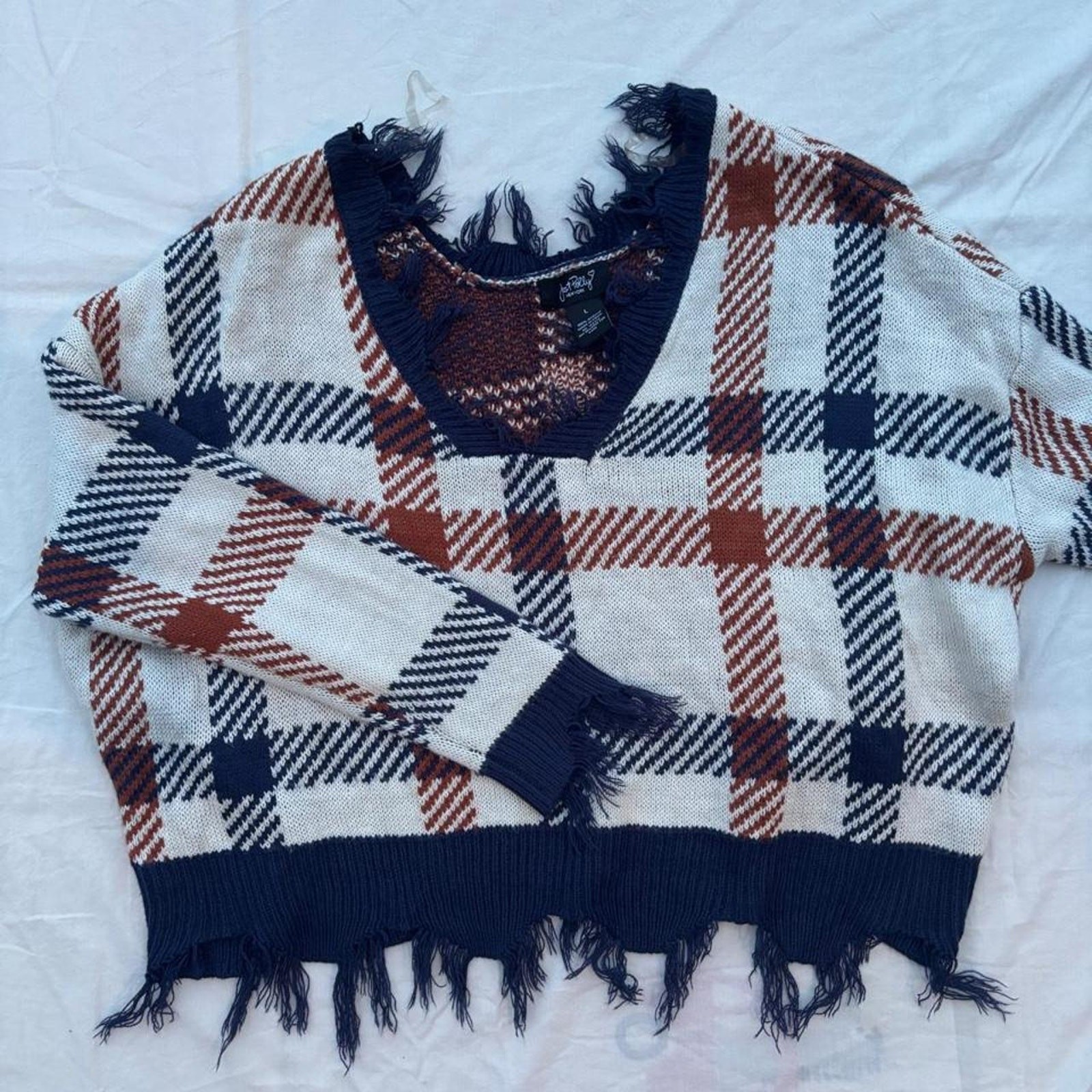 Just Polly N.Y. Plaid Frayed V-Neck Sweater