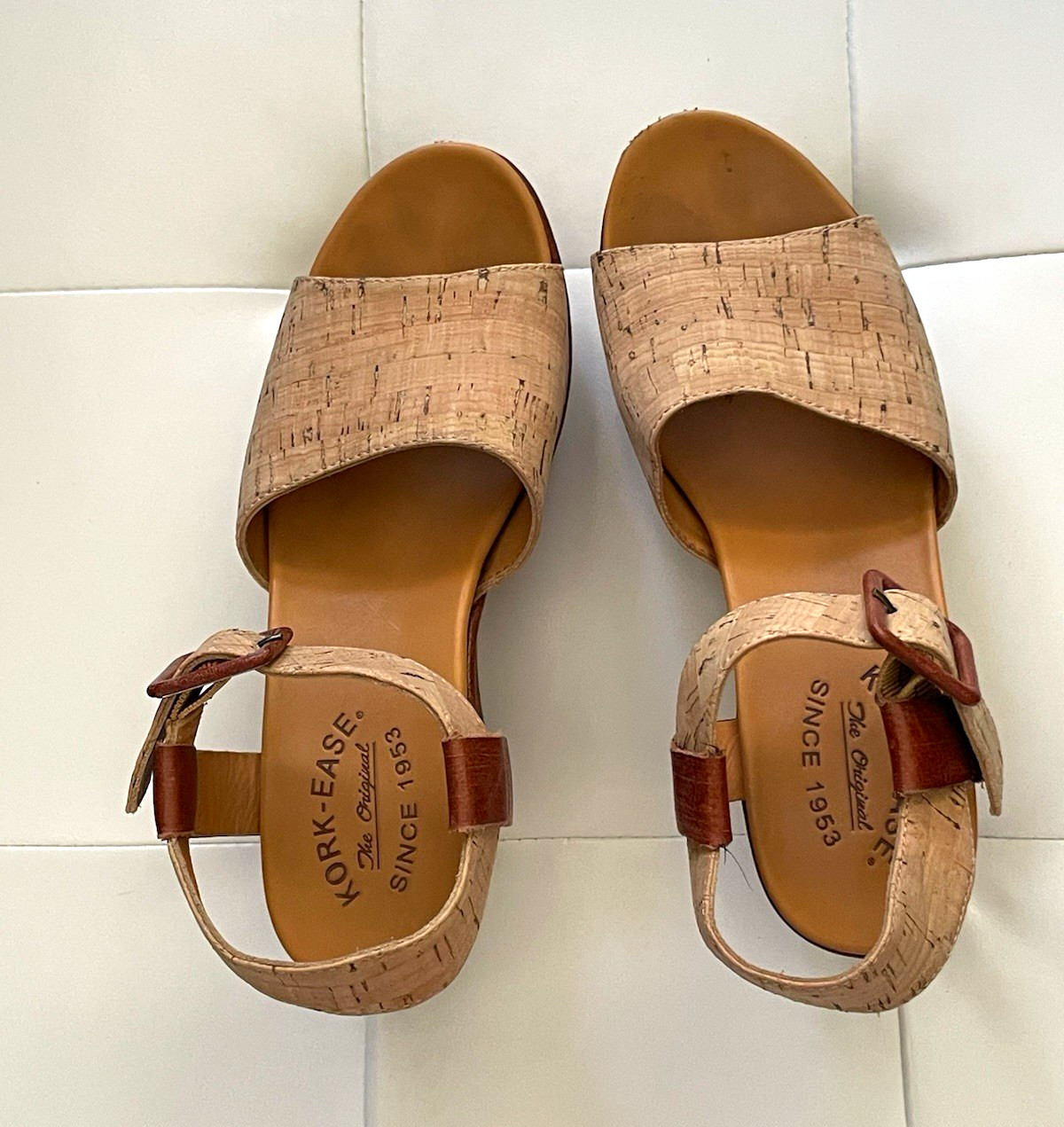 Kork-Ease Women’s Beige Brown Cork Wedge Sandals Ankle Strap Buckle Size 7 Keirn