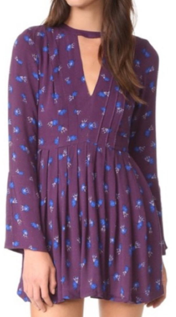 Free People Tegan Mini Dress Size 8 Bell Sleeve Purple Blue Floral Boho Babydoll
