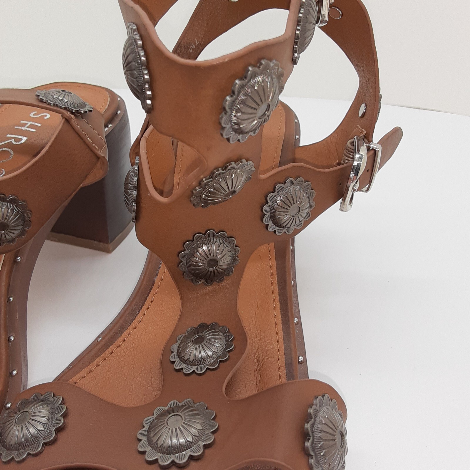 ASHRO Sandal Caged Brown Leather Gladiator Strappy 7M Embellished Buckle Strap