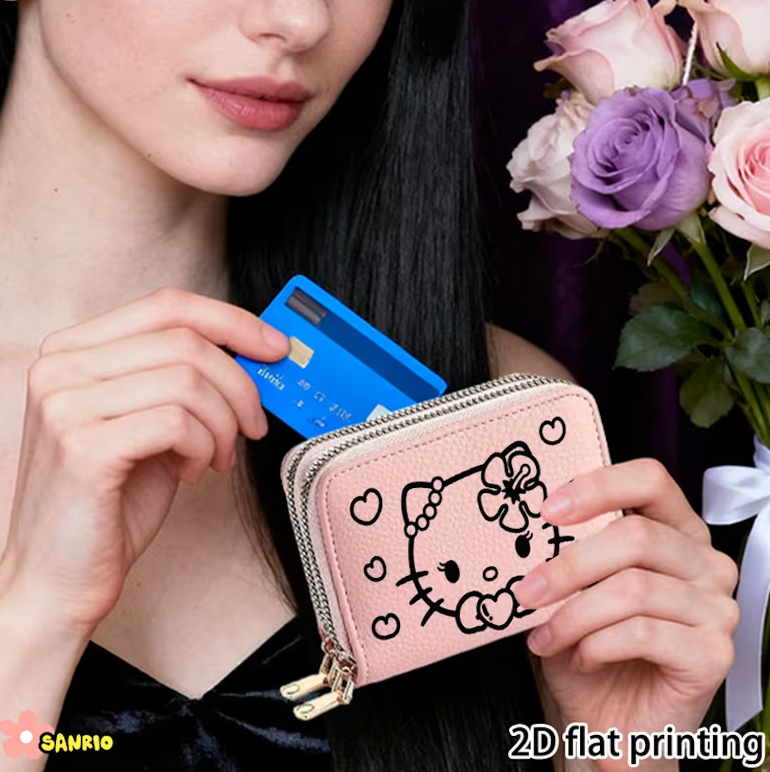 Hello Kitty Pink Wallet Zip Around Cute Kawaii Card Holder Coin Purse Sanrio
