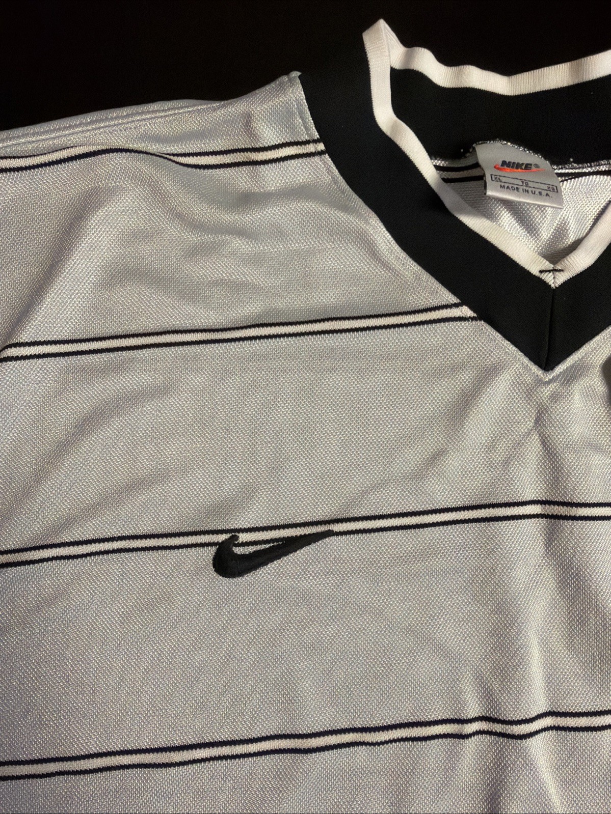 VTG 90’s Nike Jersey Shirt WhiteStriped Embroidered Logo Made In USA WhiteTag XL