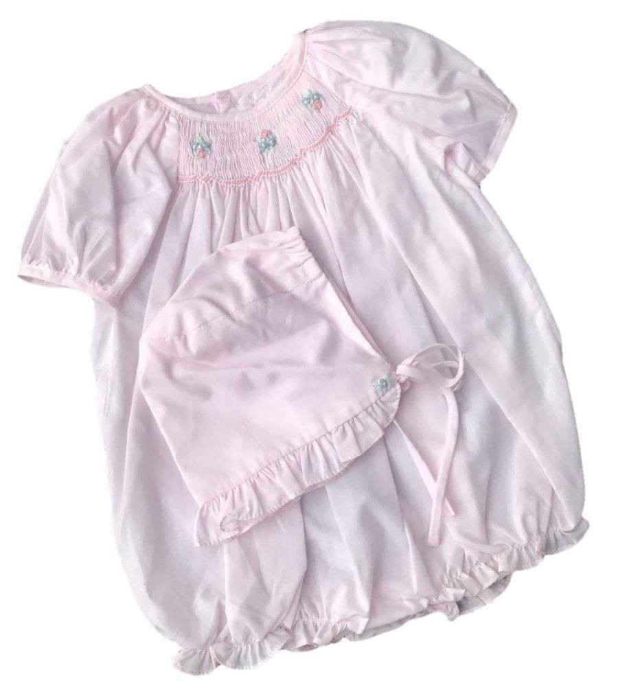 Petit Ami Pink Smocked Bubble with Hat Preemie