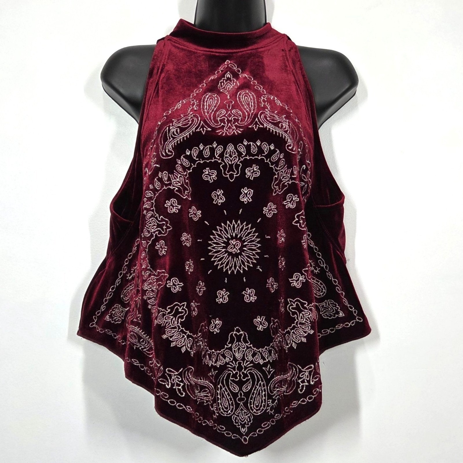 Free People Top XS Burgundy Velvet Bandana Bling Gold Embroidered Boho Hippie