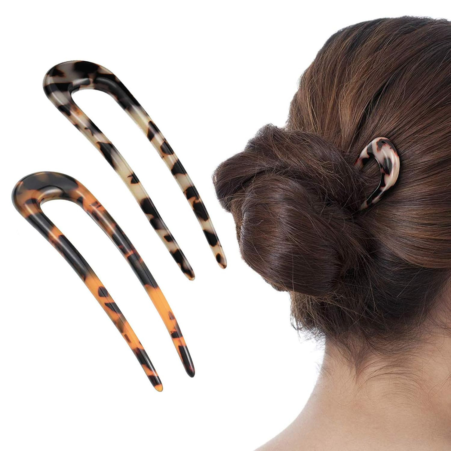 2 Pack French Style Cellulose Acetate Tortoise Shell U Shaped 4.7 Inch Hair Pin