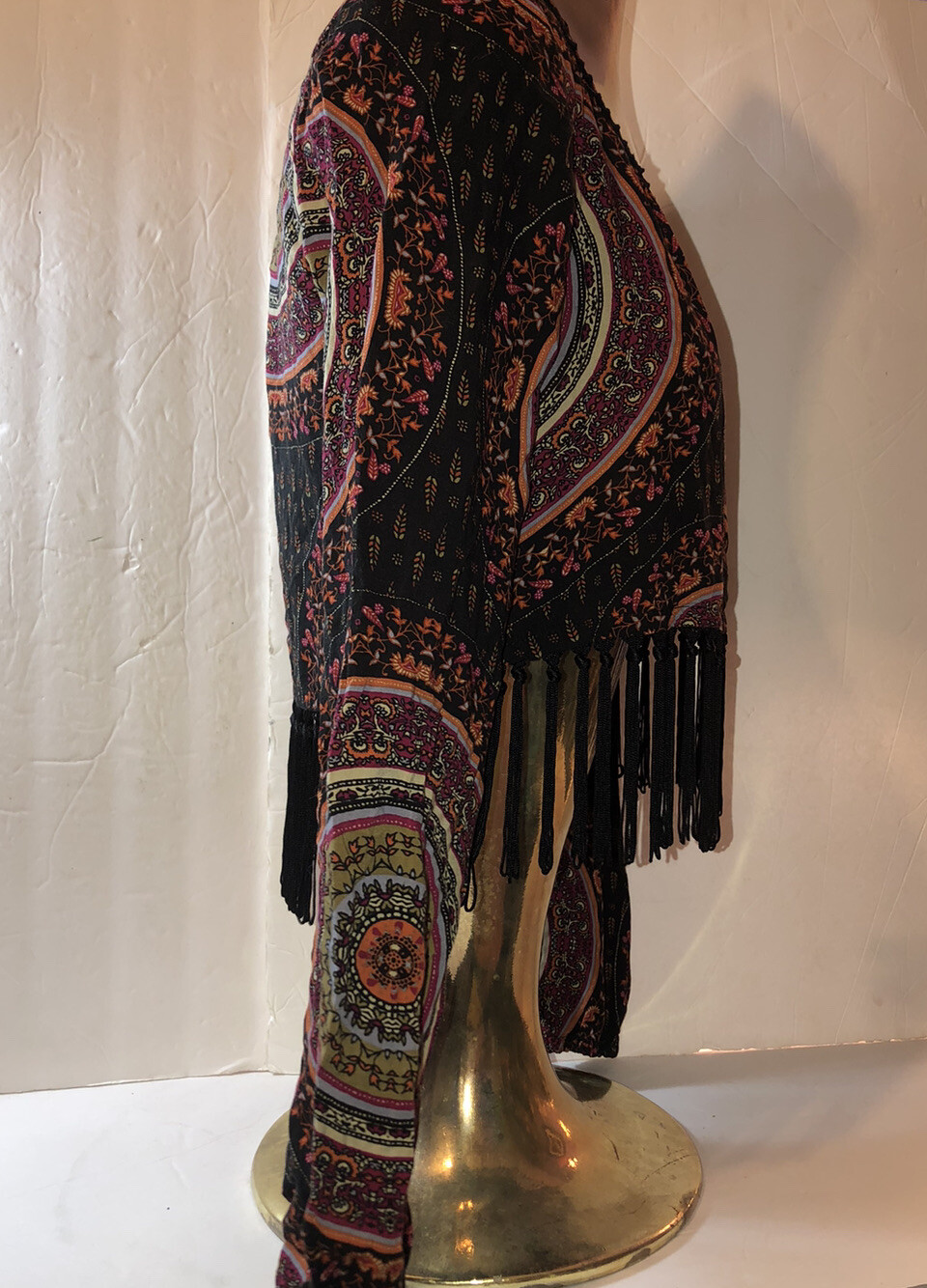 Gypsy Warrior Mandala Print Black Fringe Cropped Top Small Hippy Boho Festival