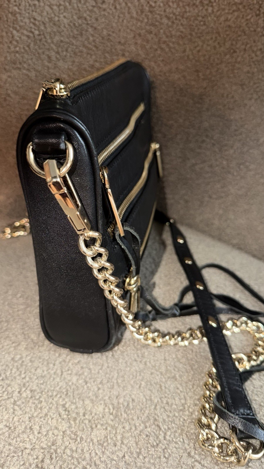 Rebecca Minkoff Black Crossbody Bag Gold Hardware Chain Strap Zip Pockets