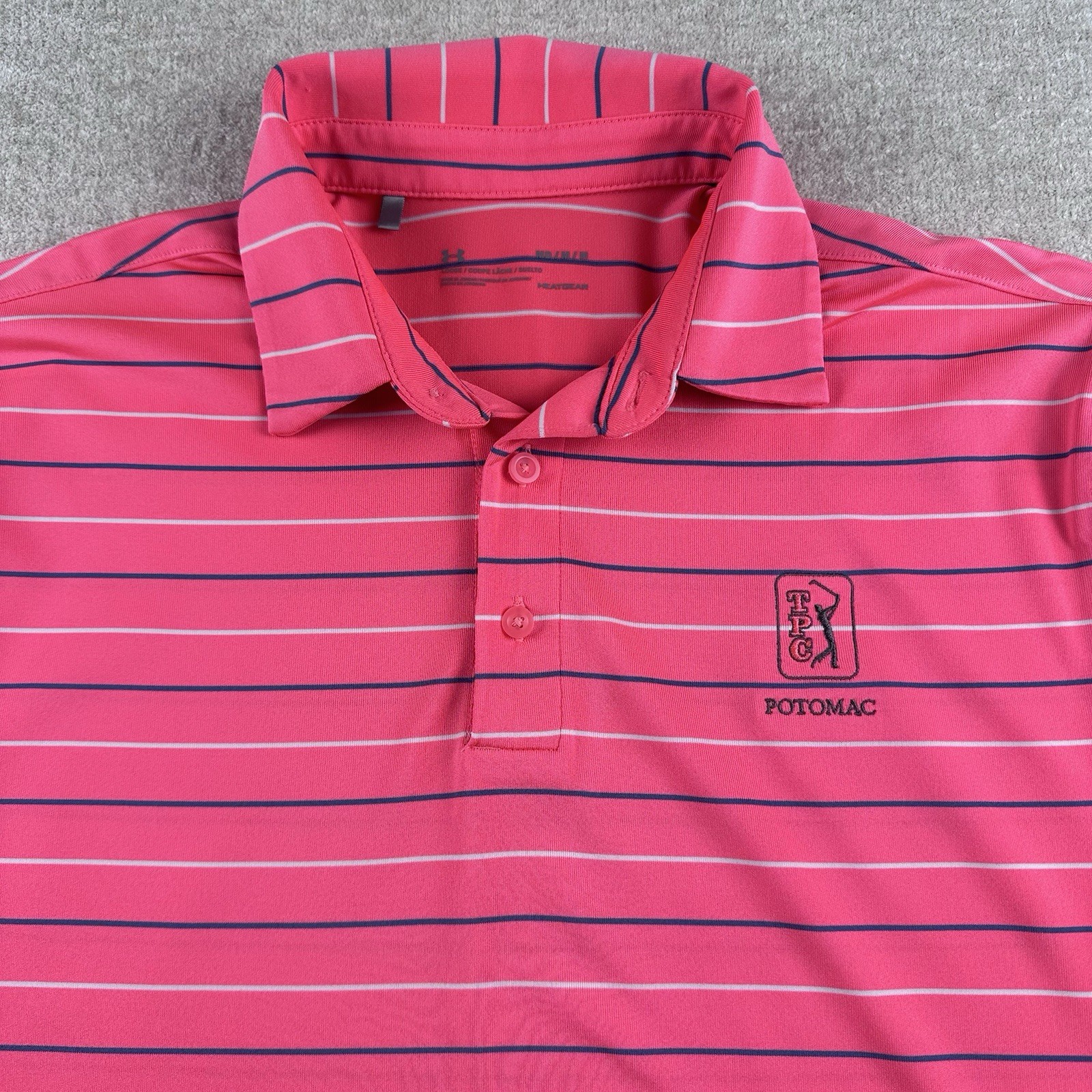 Under Armour Playoff Polo Mens Size Medium Pink Striped Golf Shirt TPC Potomac