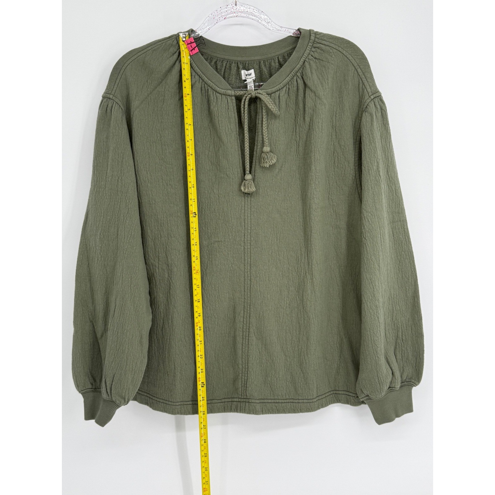 Aerie Olive Green Gauze Tassel Tie Balloon Sleeve Sweatshirt Sz XXS NEW Org $64