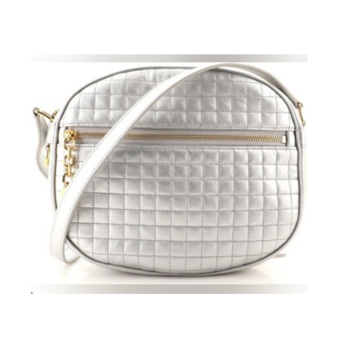 CELINE Ivory Quilted Leather Gold Hardware Logo C Charm Crossbody Bag