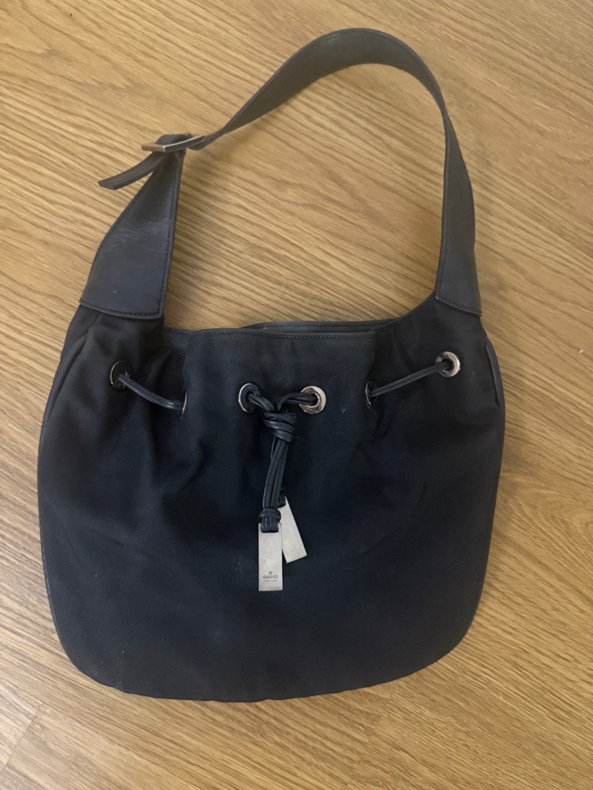 Black GUCCI Canvas Nylon Drawstring Shoulder Tote Handbag
